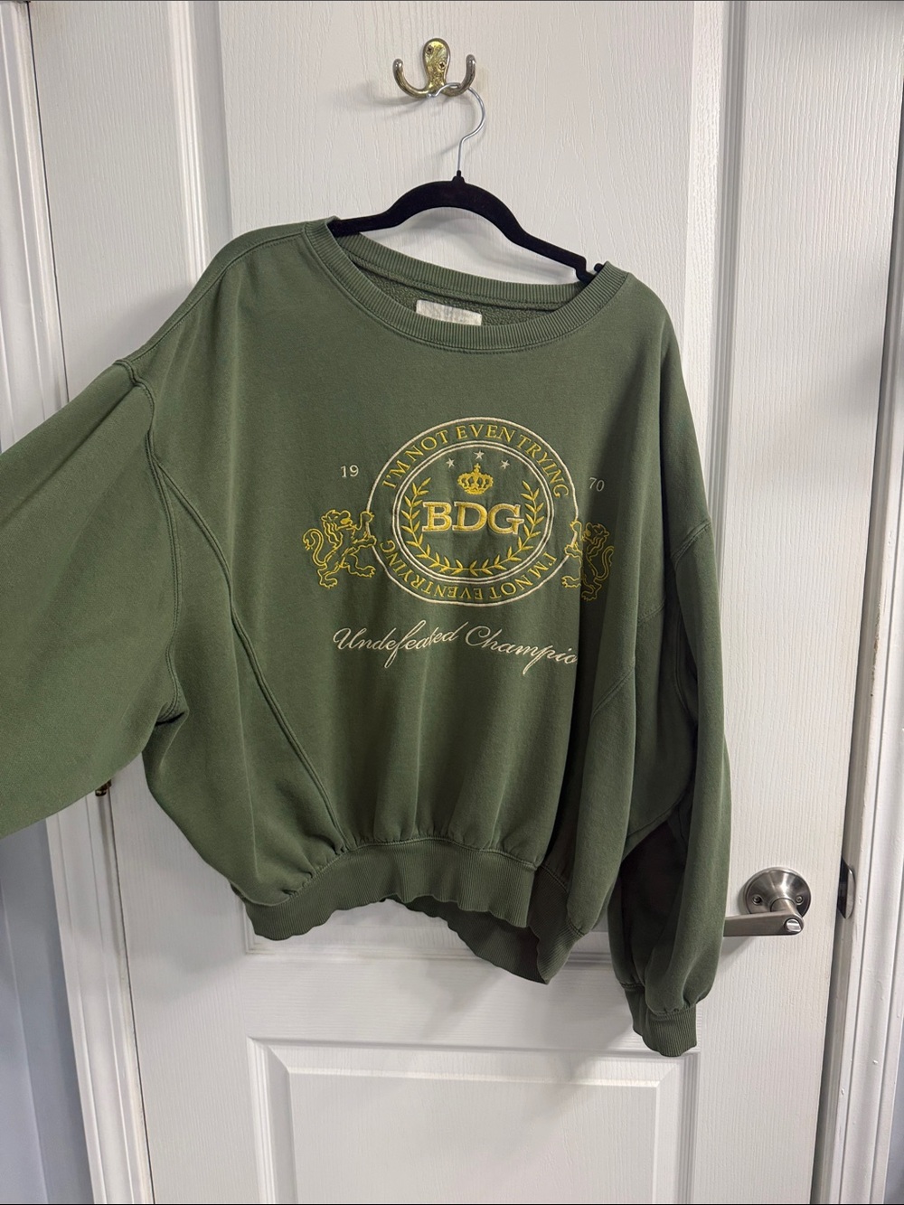 BDG Olive Green Crewneck with Embroidery Gold Crest Logo